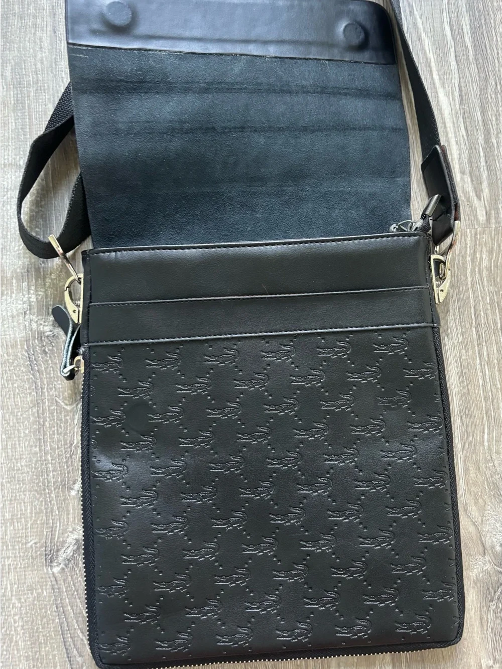 Lacoste Black Embossed Leather Messenger Bag